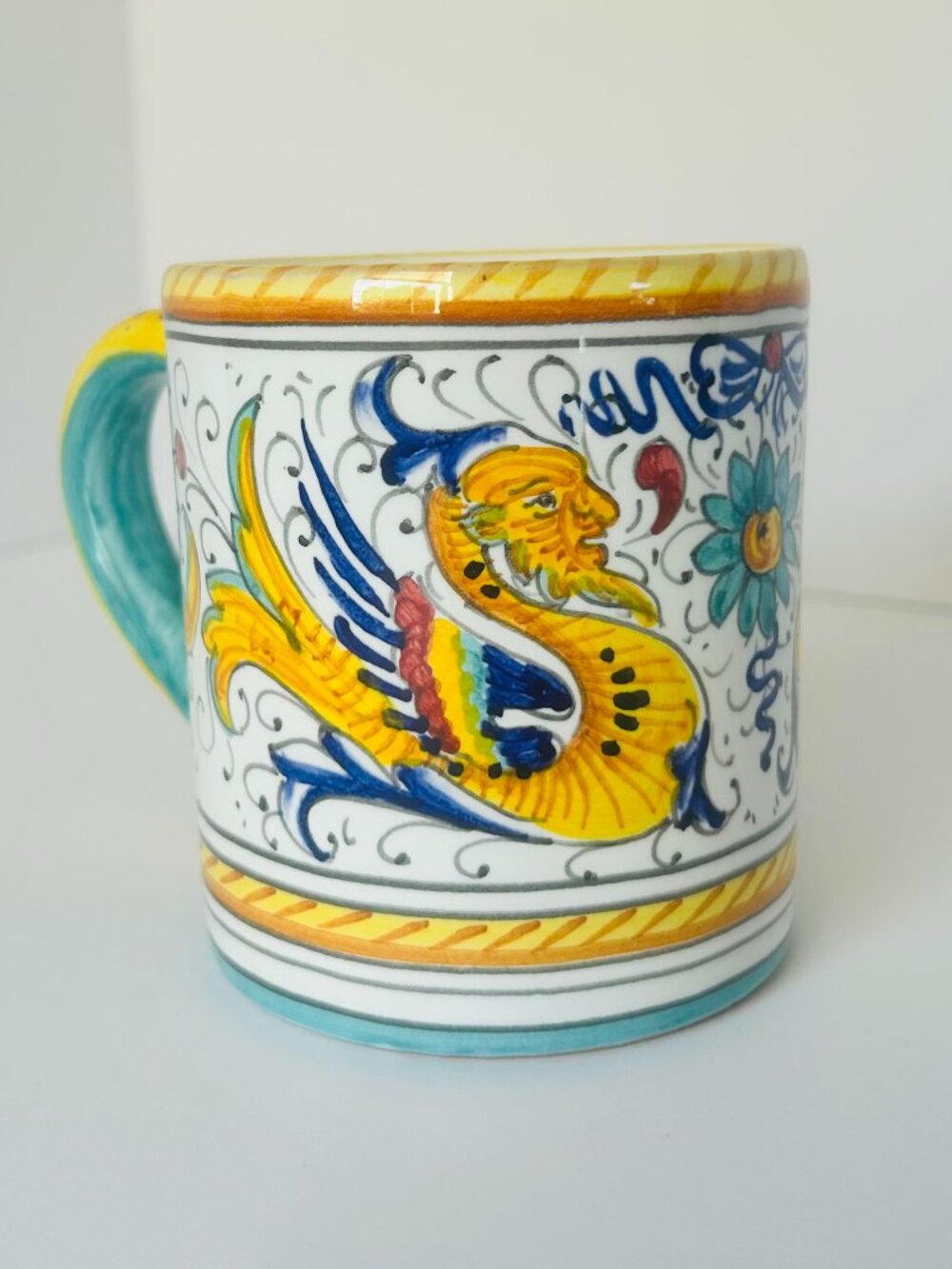 Fima Deruta Italy Italian Raffaellesco Dragon Hand Painted Pottery Ceramic Mug